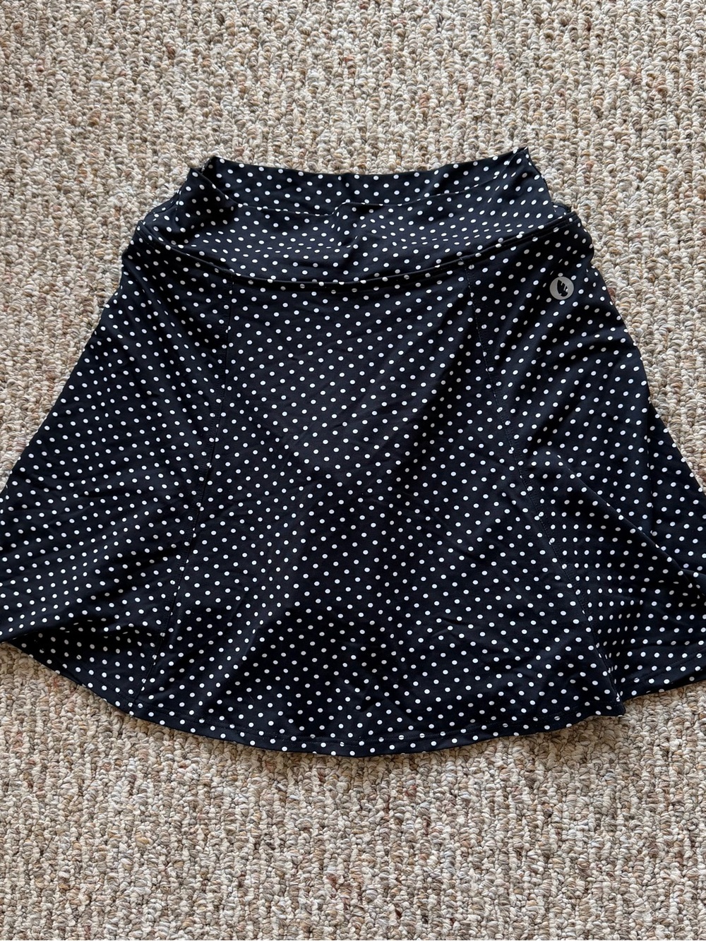 Dona Jo Black and White Polka Dot A-Line Skort — Attached shorts with pockets.